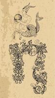 Capricorn Zodiac Sign and fantasy mascot on texture. Collection of characters and astrological symbols in victorian style. Line art illustration for Horoscope, Esoteric and Mystic design vector