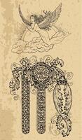 Virgo Zodiac Sign and fantasy mascot on texture. Collection of characters and astrological symbols in victorian style. Line art illustration for Horoscope, Esoteric and Mystic design vector