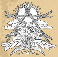 Hand drawn illustration with pentagram, moon and candles against textured background. Esoteric, gothic and mystic object or element. Halloween and New Year concept. vector