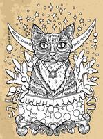 Hand drawn line art illustration with cat sitting in gifting box against texture background. Esoteric, gothic and mystic object or element. Halloween and New Year concept. vector