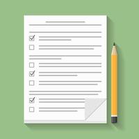 Survey or test concept, paper documents with check boxes and pencil, flat design vector