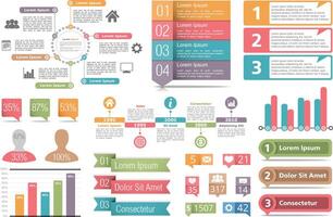 Set of infographic elements - circle diagram, bar graphs, objects with numbers and percents, timeline, buttons vector