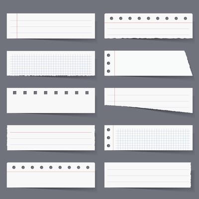 Blank horizontal pieces of paper with shadows, paper with lines and squares, torn paper