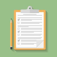Survey or test concept, clipboard with documents with check boxes and pencil vector