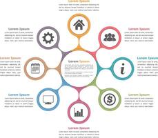 Circle diagram with eight elements with icons and text, flow chart template, business infographics vector