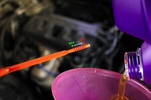 Maximum and minimum engine oil level indicators , oil dipstick with level indicator , Car maintenance concept photo