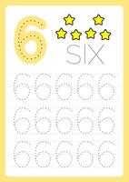 flashcard number six 6 learn write number with guide lines and illustration vector