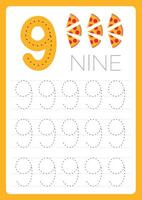 flashcard number nine 9 learn write number with guide lines and illustration vector