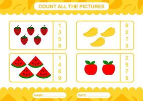 Printable worksheet Number count and match with fruits for Kindergarten and Preschool, Printing size A4 yellow color vector