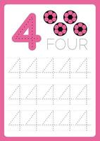 flashcard number four 4 learn write number with guide lines and illustration vector