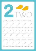 flashcard number two 2 learn write number with guide lines and illustration vector