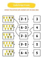 sunflower count and match subtraction, flashcard Printable worksheet vector