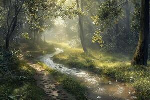 A path through the woods with a stream running through it photo