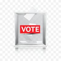 Realistic glass ballot box with text Vote on checkered background. Voting white paper in hole. Transparent voting container with a falling ballot paper. Ballots inside. vector
