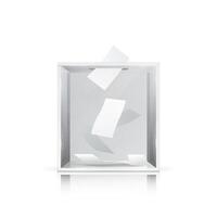 Realistic glass ballot box. Voting white paper in hole. Transparent voting container with a falling ballot paper. Ballots inside. vector