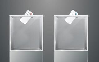 Two realistic empty transparent ballot box with marked ballot in hole. One ballot with red check mark, other with blue. vector