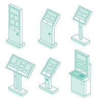 Isometric interactive kiosk set. Self service terminal in bank or on train station isolated on white background. Providing information. vector