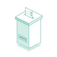 Isometric ballot box at a polling station. Outline object isolated on white background. Inserted ballot with check mark in hole. vector