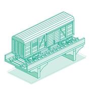 Isometric freight railroad car on bridge. Object isolated on white background. Railway. Wagon on rails. Freight boxcar wagon. Industrial railroad transportation. vector