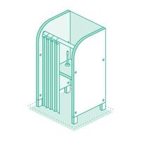 Isometric voting booth with open curtains and pen on desk. Interior of polling station. Outline objects. vector