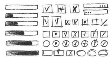 Charcoal pencil hand drawing check box with marks v, x, plus shapes. Black elements on white. Grunge chalk crayon scribbles doodles textures loading rectangle Rough crayon strokes. illustration vector