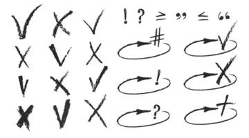 Charcoal pencil hand drawing check box with marks v, x, plus shapes. Black elements on white. Grunge chalk crayon scribbles doodles textures loading rectangle Rough crayon strokes. illustration vector