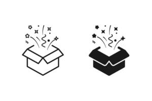 Magic box icon set. linear and glyph style sign for mobile concept and web design. Open gift box and magic stars simple line icon. Symbol, logo illustration vector