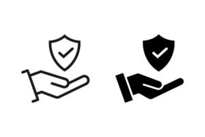 Insurance hand line and flat icon set. Shield with checkmark on hand symbol. Protection icon. vector