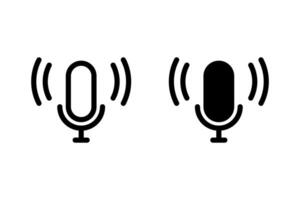 Mic voice over icon or studio microphone recording podcast pictogram silhouette line black white graphic clipart simple design, radio sound assistant speaker button, color editable vector