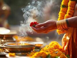 A hand holding marigold flowers during a ritual in Pitru Paksha. photo