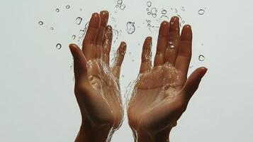 A pair of sweaty hands with water droplets splashing around them. photo