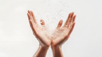 A pair of sweaty hands with water droplets splashing around them. photo
