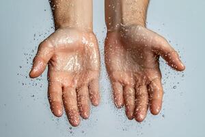 A pair of sweaty hands with water droplets splashing around them. photo
