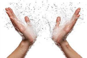 A pair of sweaty hands with water droplets splashing around them. photo
