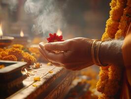 A hand holding marigold flowers during a ritual in Pitru Paksha. photo