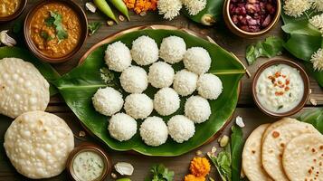Indian offerings of riceballs, kheer, dal, and chapati prepared for Pitru Paksha. photo