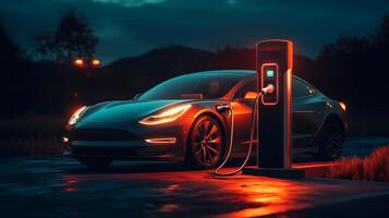 An electric vehicle charges, showcasing modern, eco-friendly technology. photo