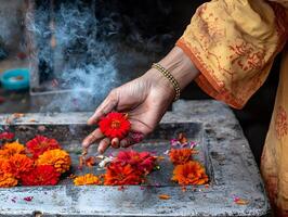 A hand holding marigold flowers during a ritual in Pitru Paksha. photo
