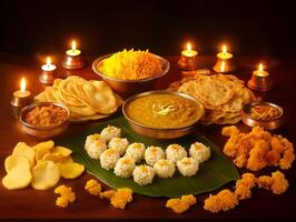 Indian offerings of riceballs, kheer, dal, and chapati prepared for Pitru Paksha. photo