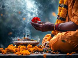 A hand holding marigold flowers during a ritual in Pitru Paksha. photo