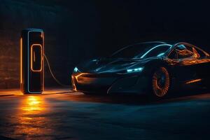 An electric vehicle charges, showcasing modern, eco-friendly technology. photo