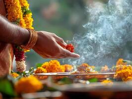 A hand holding marigold flowers during a ritual in Pitru Paksha. photo