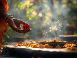 A hand holding marigold flowers during a ritual in Pitru Paksha. photo