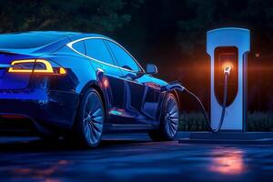 An electric vehicle charges, showcasing modern, eco-friendly technology. photo