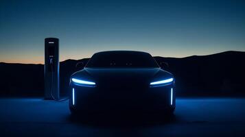 An electric vehicle charges, showcasing modern, eco-friendly technology. photo
