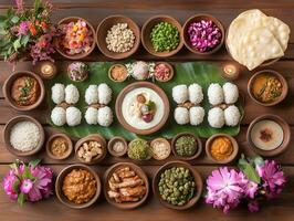 Indian offerings of riceballs, kheer, dal, and chapati prepared for Pitru Paksha. photo