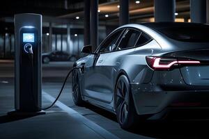 An electric vehicle charges, showcasing modern, eco-friendly technology. photo