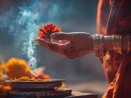 A hand holding marigold flowers during a ritual in Pitru Paksha. photo