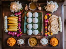 Indian offerings of riceballs, kheer, dal, and chapati prepared for Pitru Paksha. photo