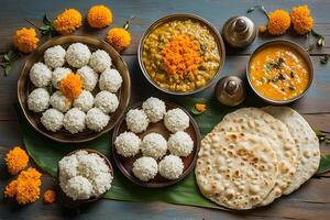 Indian offerings of riceballs, kheer, dal, and chapati prepared for Pitru Paksha. photo